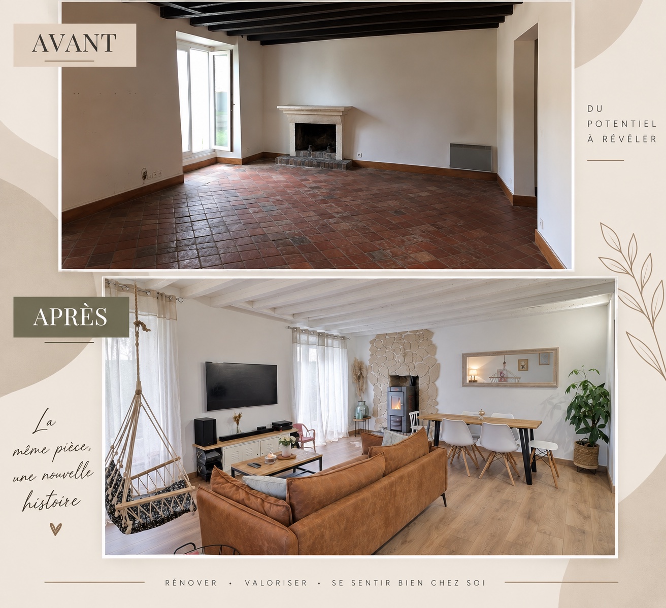 Présentation avant et après de la transformation d’une pièce de vie par TM Décor
